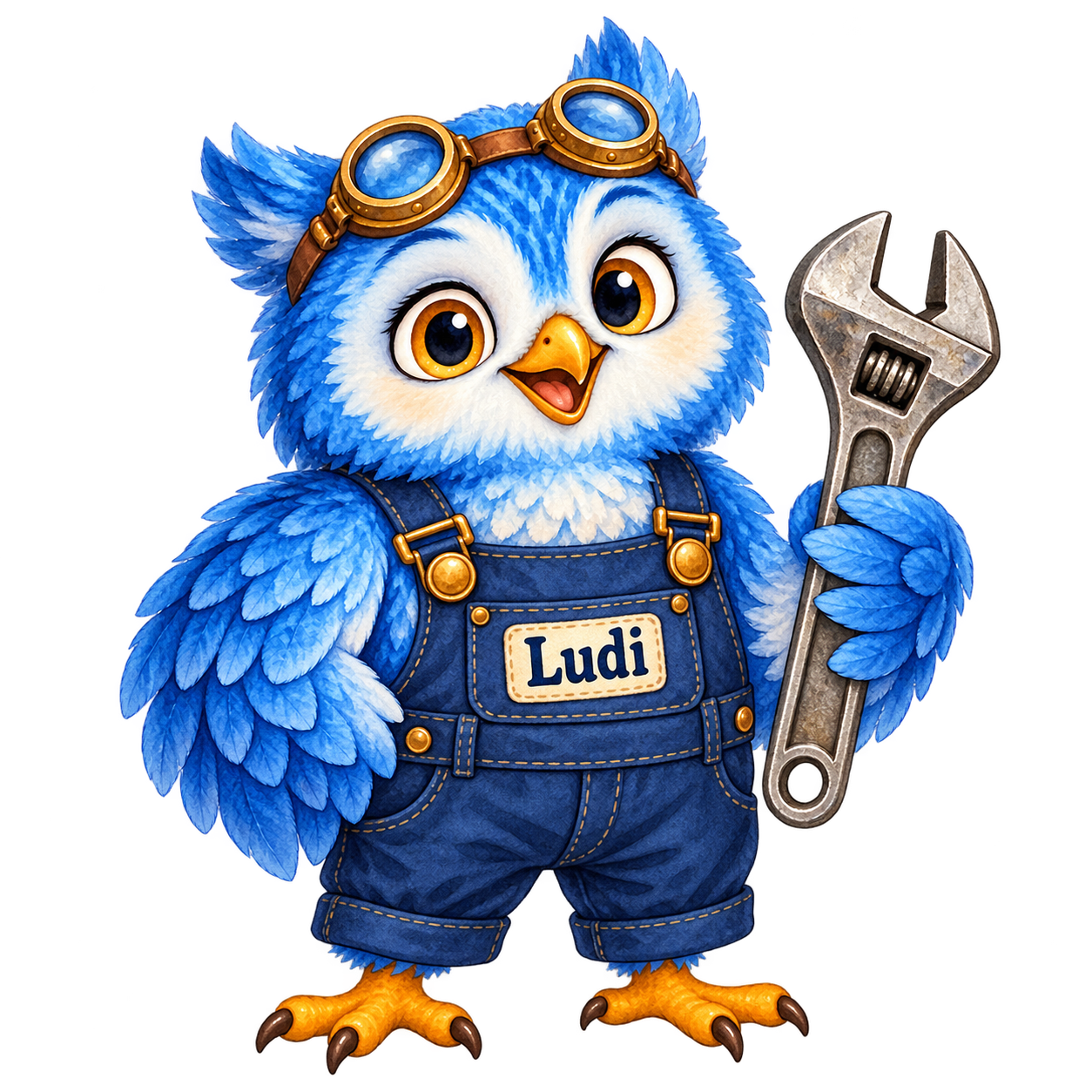 Ludi, hibou bleu ouvrier d’usine, avec une clé à molette.